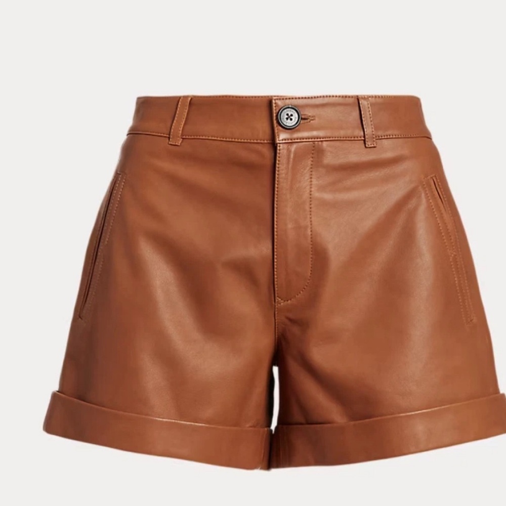 Lauren Ralph Lauren Tan Lambskin Cuffed Flat Front Shorts SZ 4 Like NEW